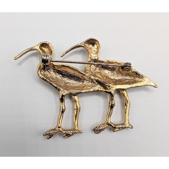 Vtg Curlew Shorebirds Pin Brooch Goldtone Enamel Wings Crystal Red Eyes - Picture 2 of 6